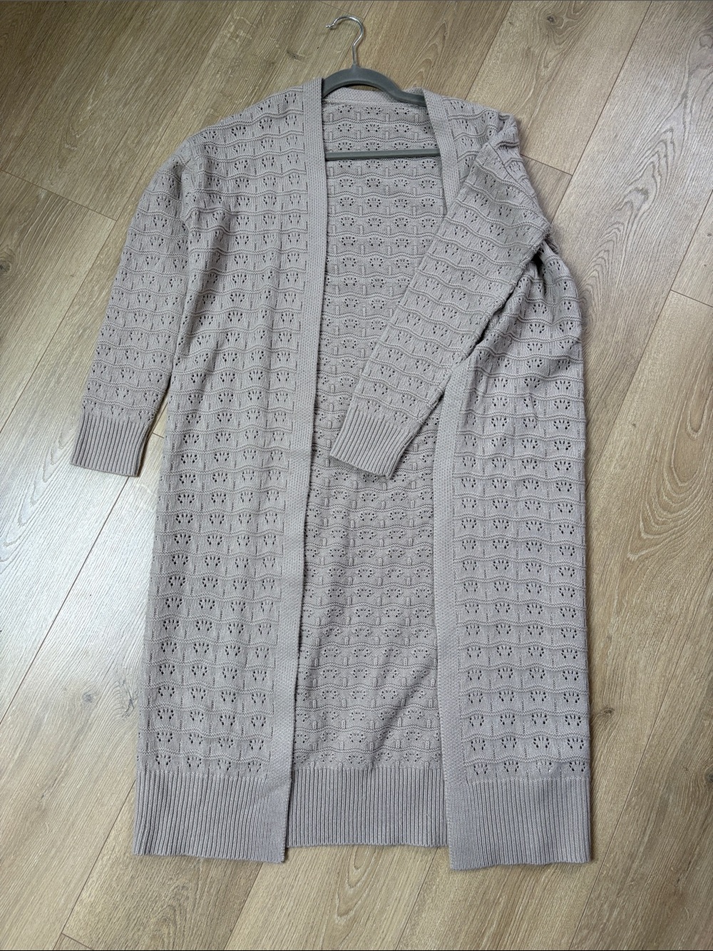 Long Open-Front Knit Cardigan Sweater in Taupe